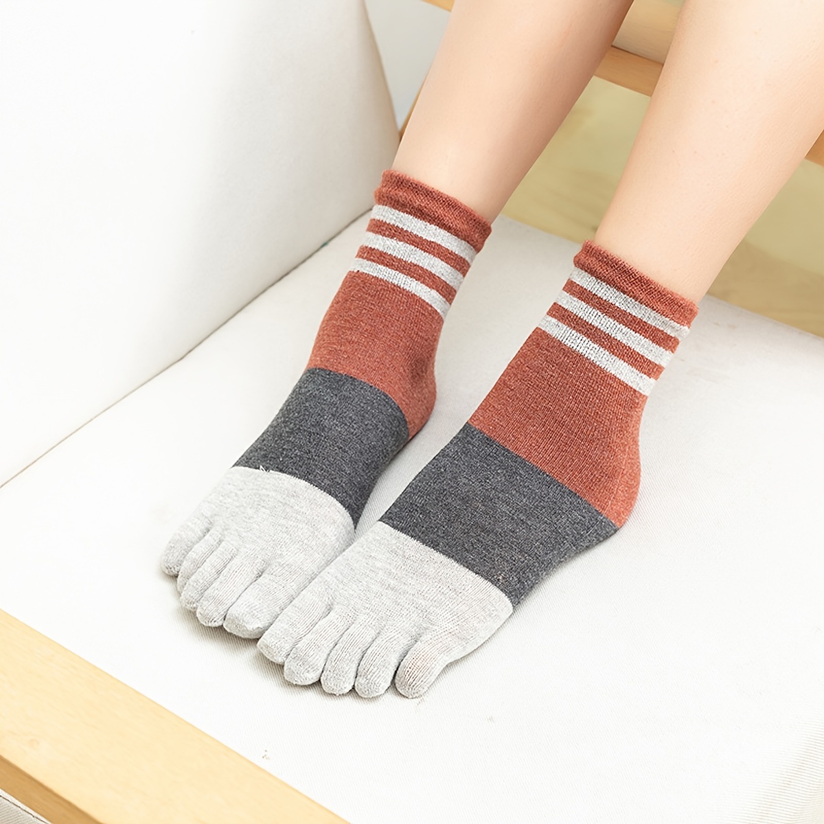 Women's Toe Sock Cute Striped Cotton Five Finger Ankle Sock - Temu Canada