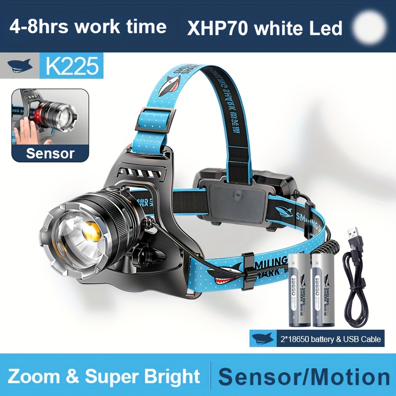 Smiling Shark 3-farbige leichte Sensor-Stirnlampe, USB-wiederaufladbarer  und wasserdichter Bewegungssensor mit großem Beleuchtungsbereich
