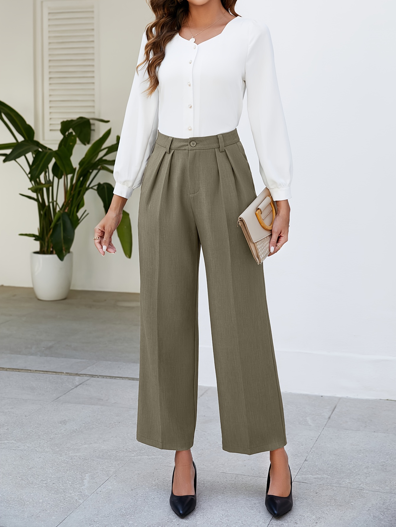  High Waisted Elegant Pleated Pants for Women Slim Fit