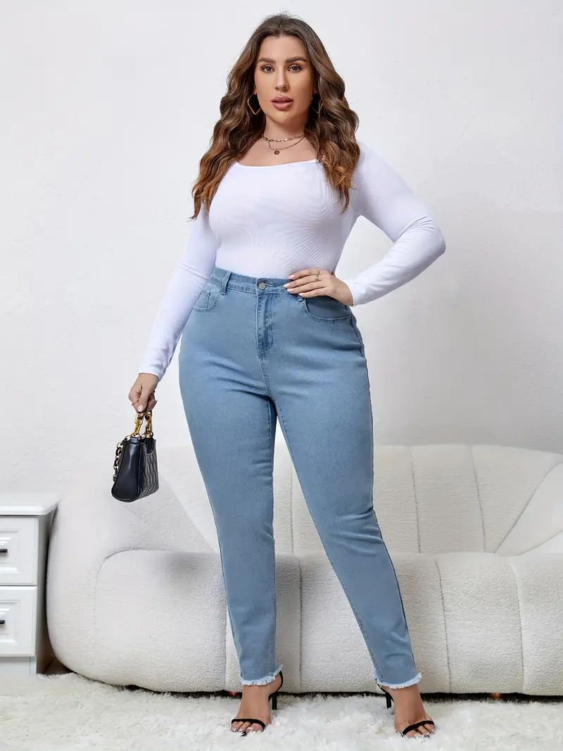 plus size basic jeans womens plus solid raw trim button fly high rise high stretch skinny jeans details 6