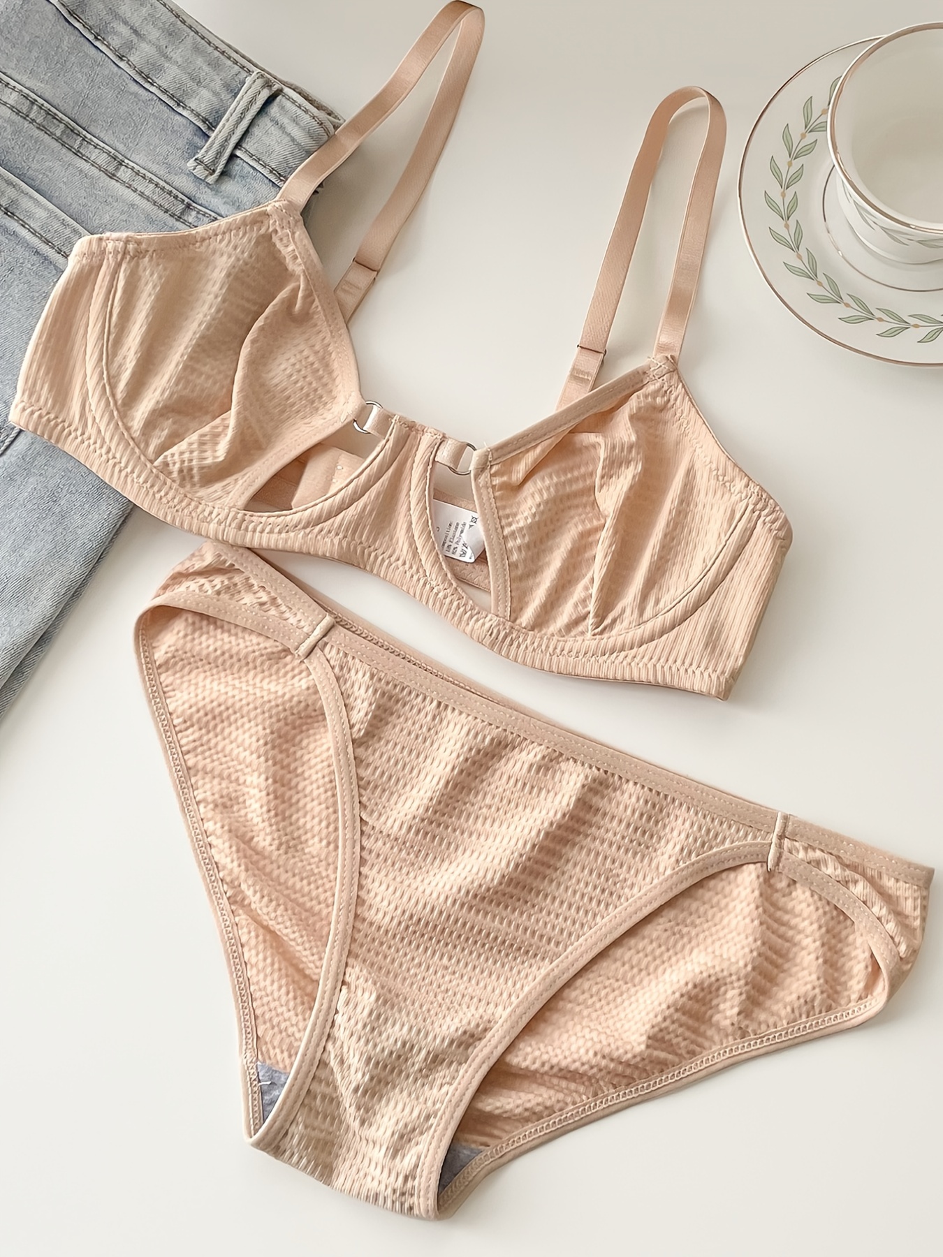 JOMFERRY NET COTTON LINGERIES SET FOR WOMEN'S NON-PADDED BEIGE COLOUR