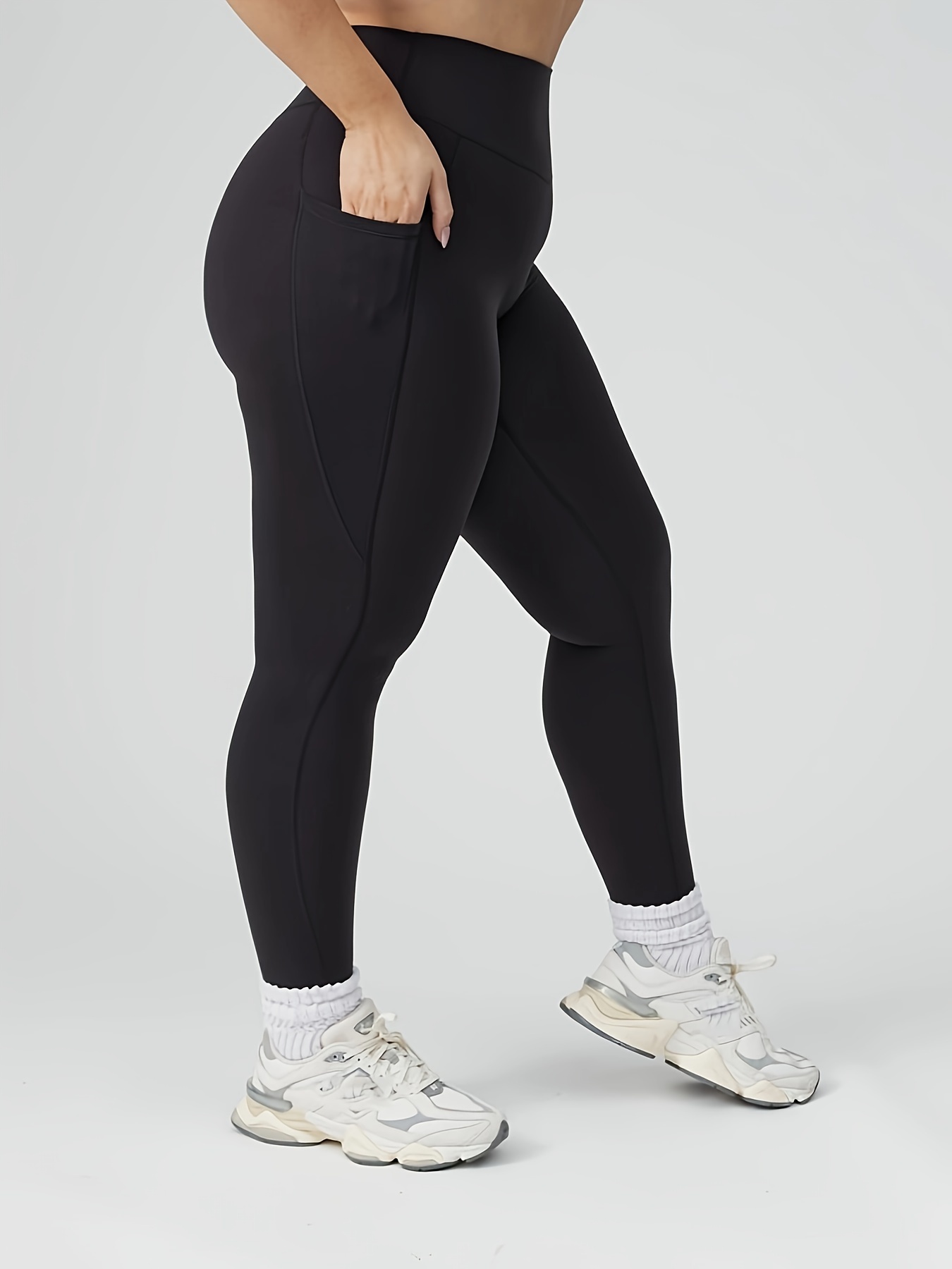 Women's Sports Leggings, Plus Size Solid Color High Waist Stretchy Fitness  Leggings With Side Pockets