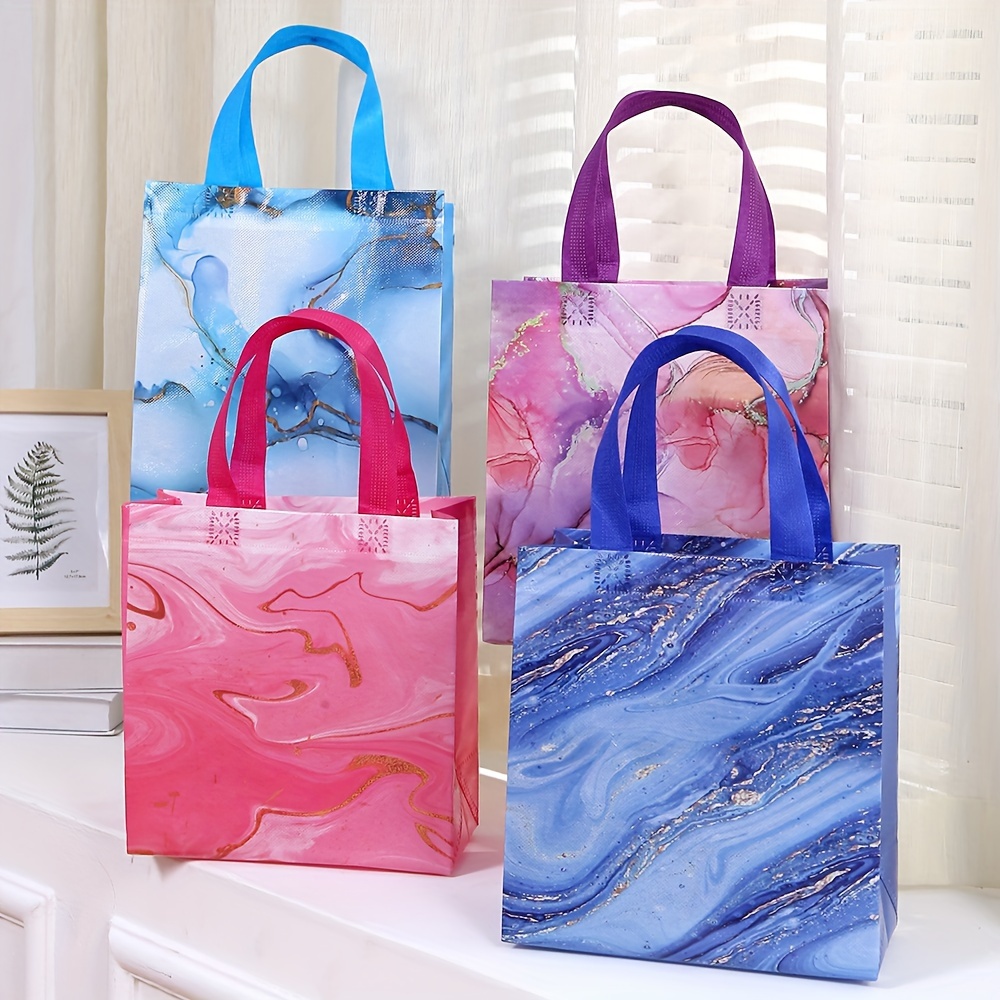 Image of 12pcs/set 23*22*11cm Mixed Marbled Color Non-woven Gift Bag Shopping Bag, With Handles, For Birthday, Wedding, Crafts, Party Bags.