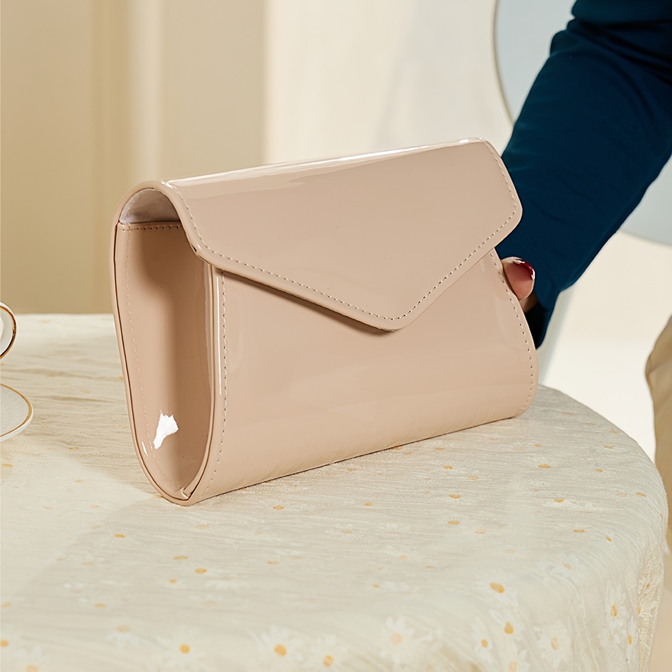 Patent Clutch Beige Evening Bag Elegant Solid Color PU Evening Bag