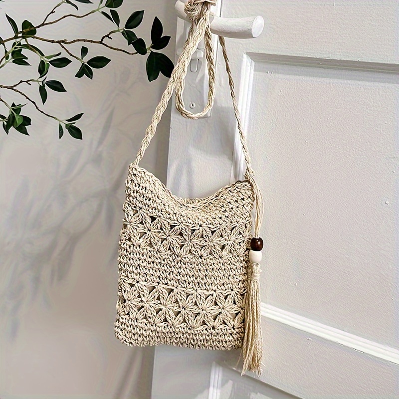

1pc Woven Shoulder Bag With Tassels, Suitable For Vacations, Beach Parties & Travel, Casual Shopping Sling Bag