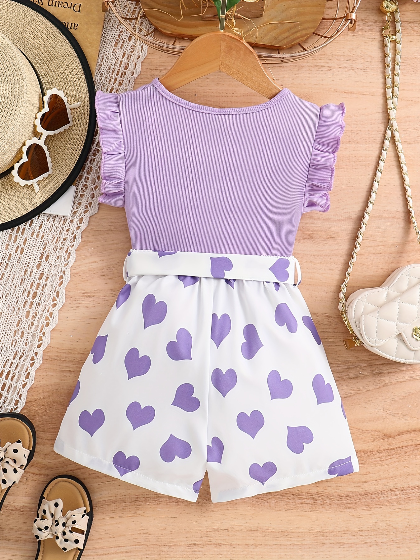 girls ruffle trim round neck top heart graphic belted shorts set kids summer clothes