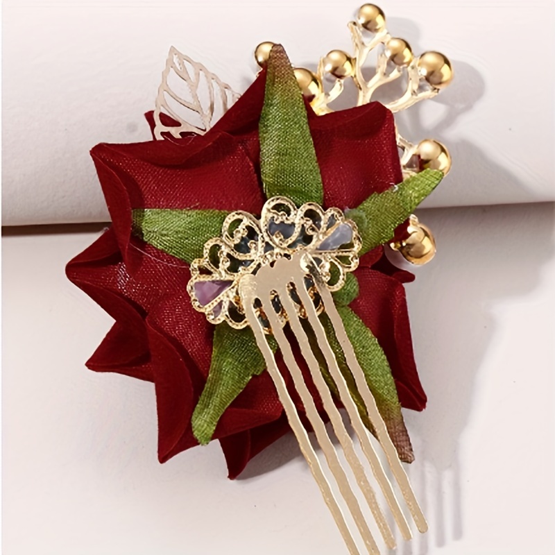 Red Rose Flower Hair Combs Wedding Bridal Head Jewelry Women - Temu