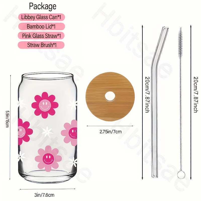 16oz Smile Flower Themed Libbey Glass Cans Set 1pc Glass Cup 1pc