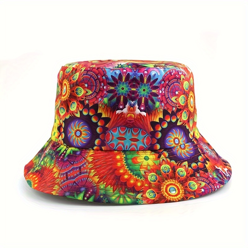 

Psychedelic Geometric Floral Print Bucket Hat, Colorful Tie-dye Sun Protection Fisherman Cap, Lightweight, Boho Style, Outdoor Summer Wear