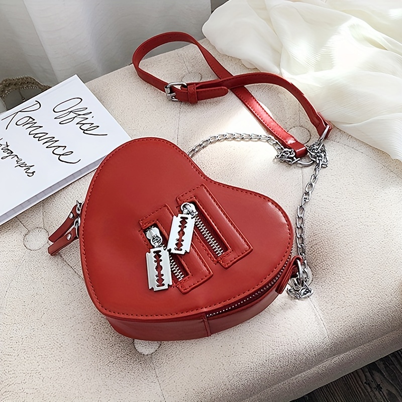 Gothic Heart Shaped Blade Zipper Chain Bag Shoulder Crossbody Bag for Women  and Girls (Red)