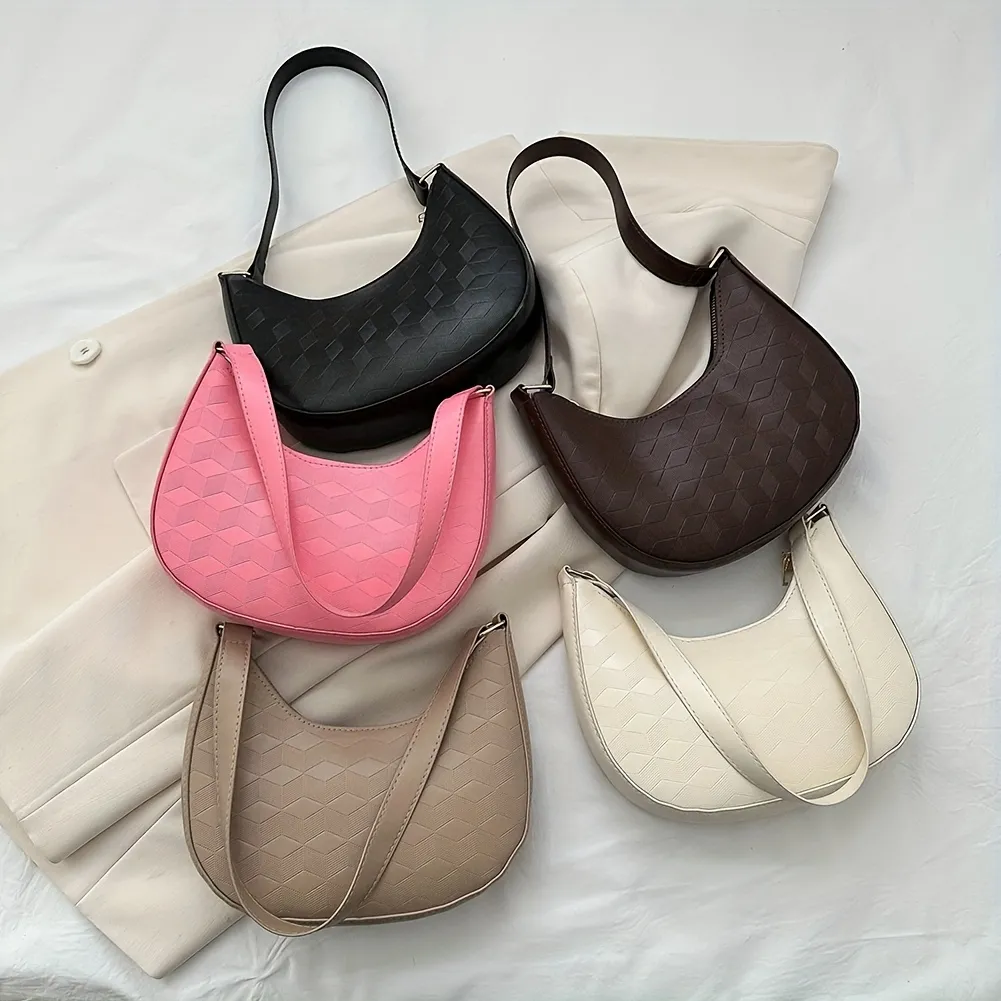 Argyle Embossed Solid Color Underarm Bag, Zipper Faux Leather