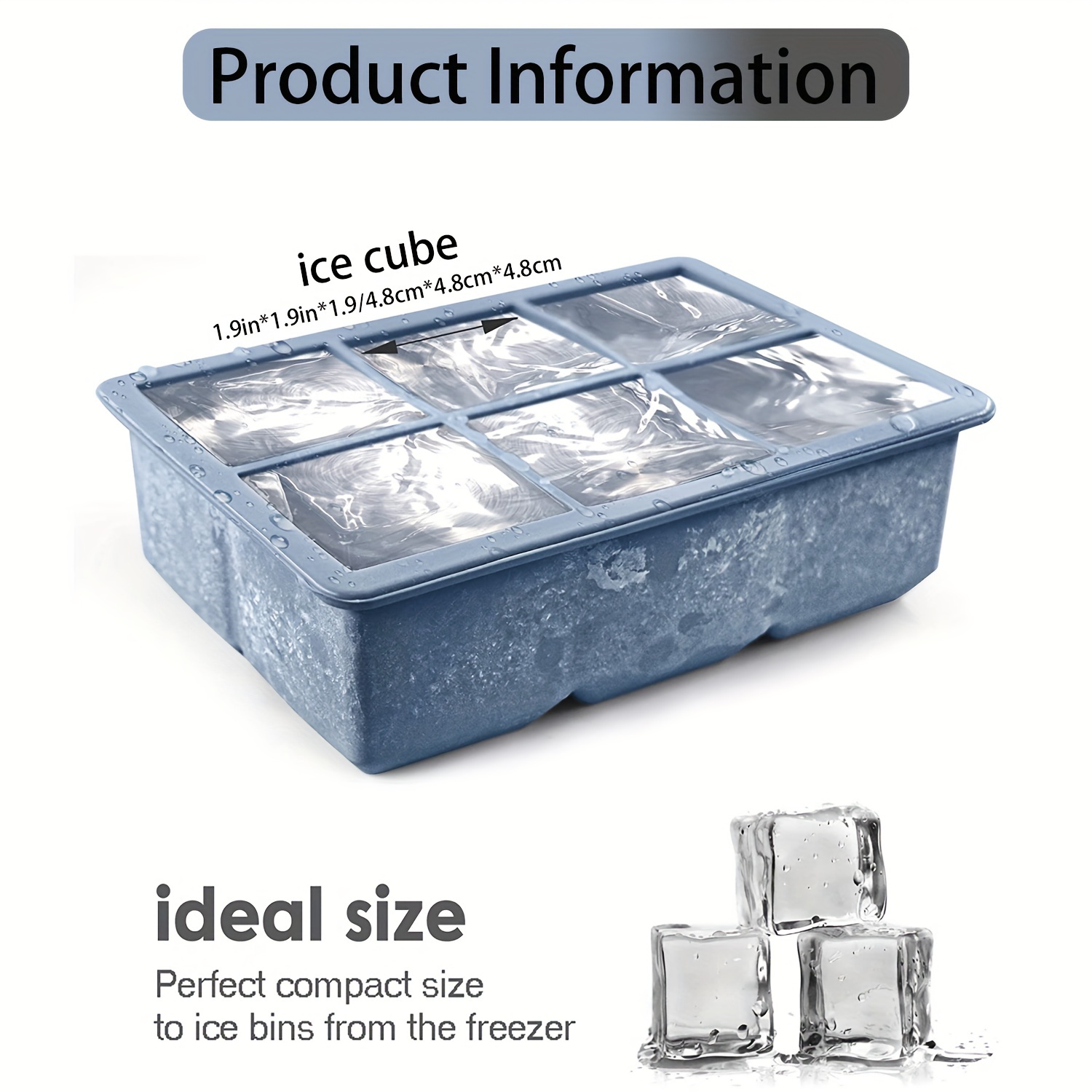 Large Ice Cube Tray , Silicone Freezer 6 Cavity Ice Mold, Larger