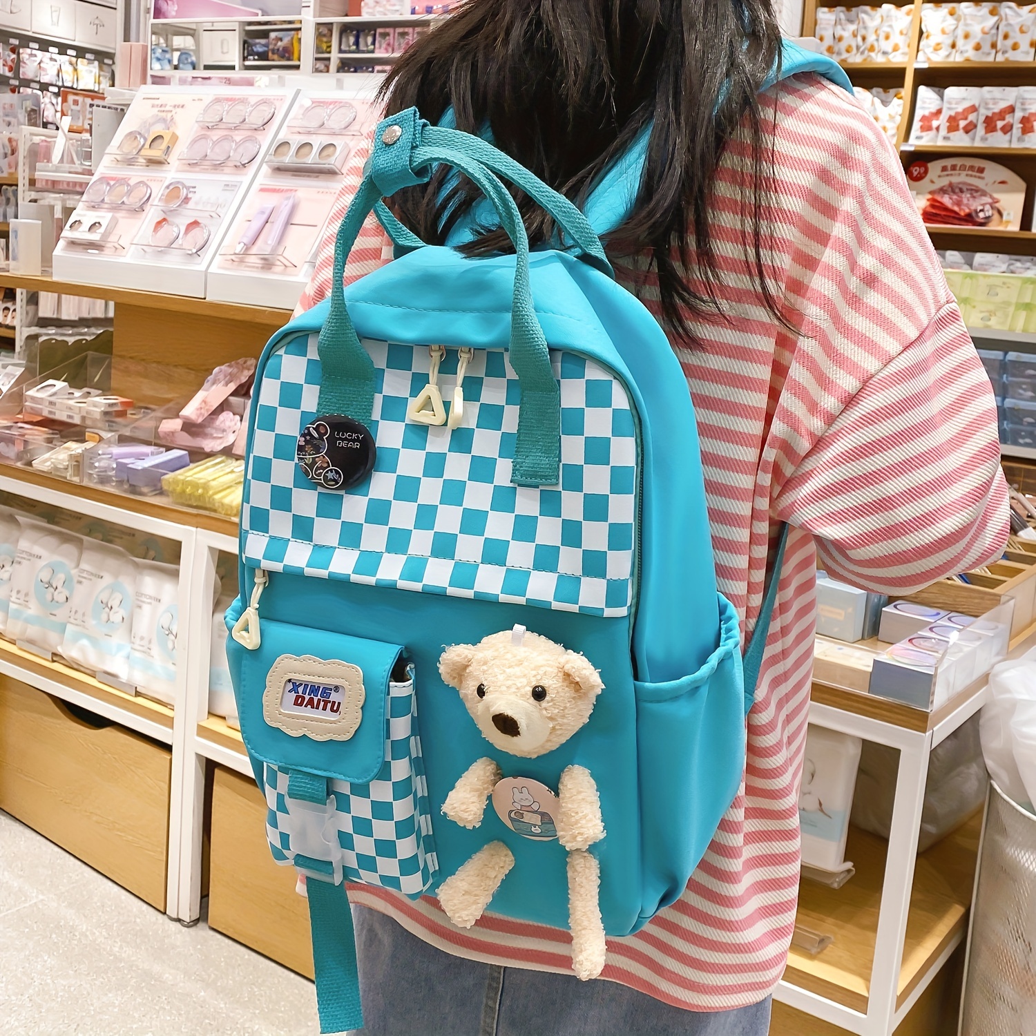 Fashionable Casual Canvas Backpack With Letter Print And Cute Bear Pattern,  School Bag