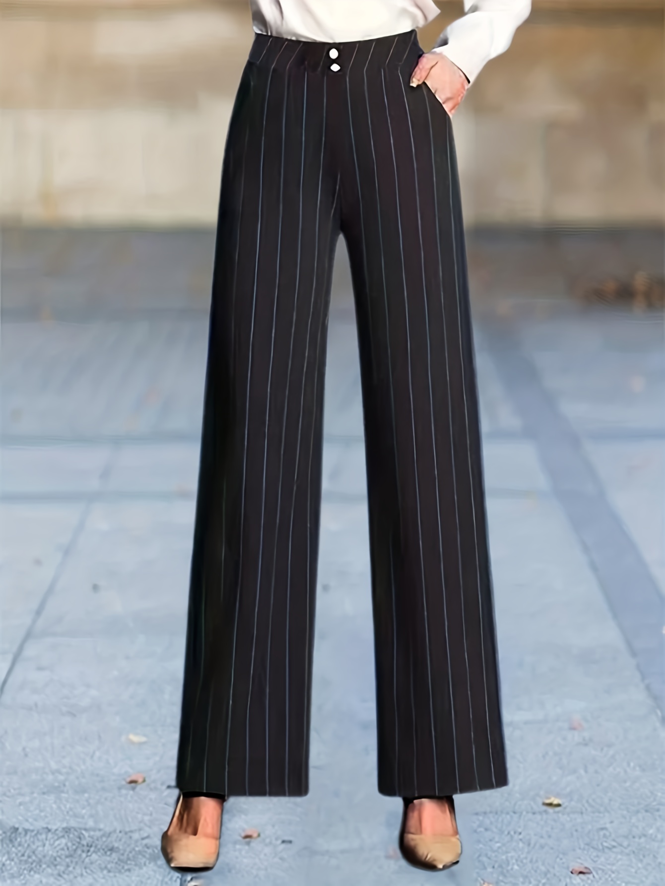 Stripe Print Tailored Pants Elegant Button High Waist Pants - Temu Canada