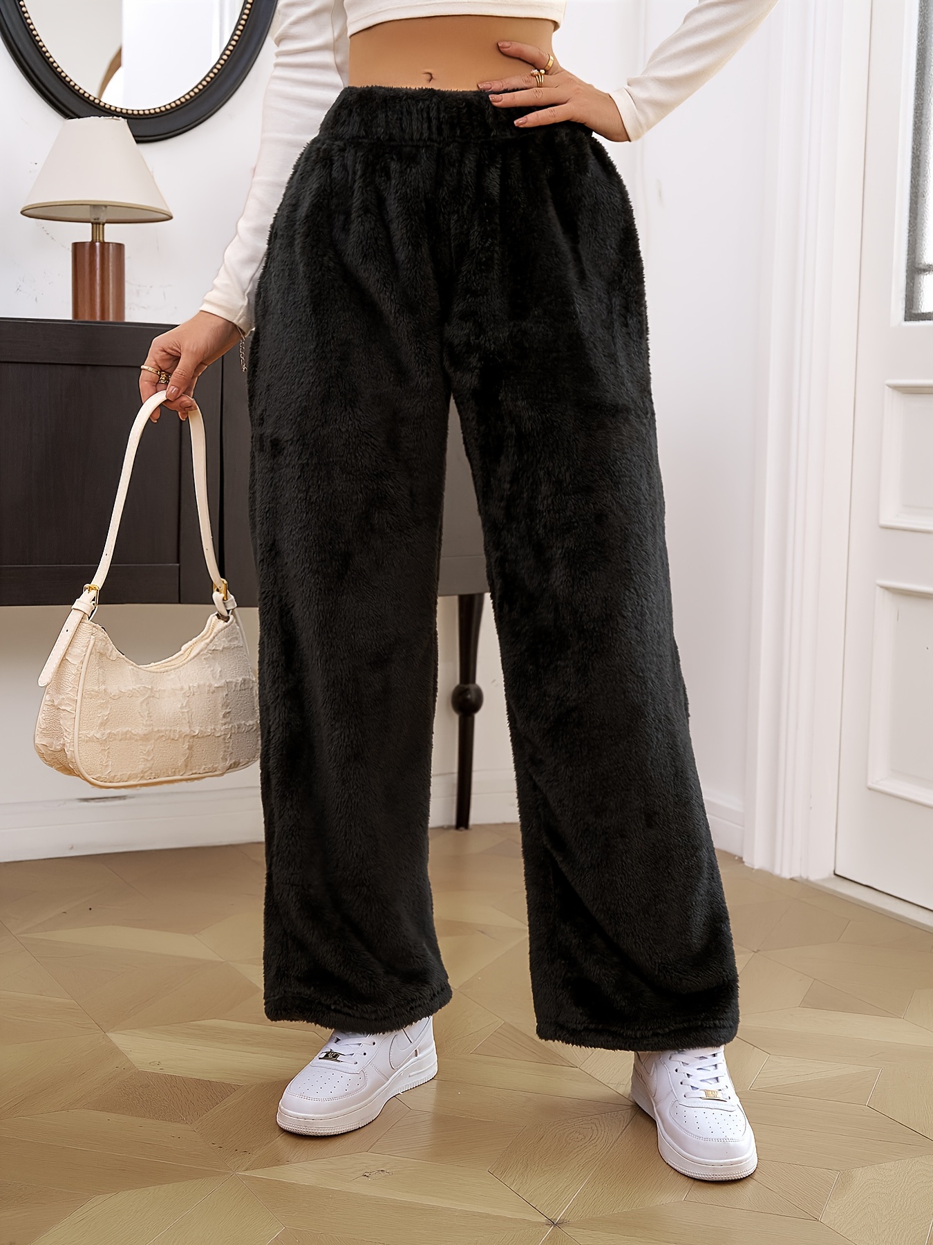 Solid Elastic Waist Fuzzy Pants Casual Comfy Straight Leg - Temu