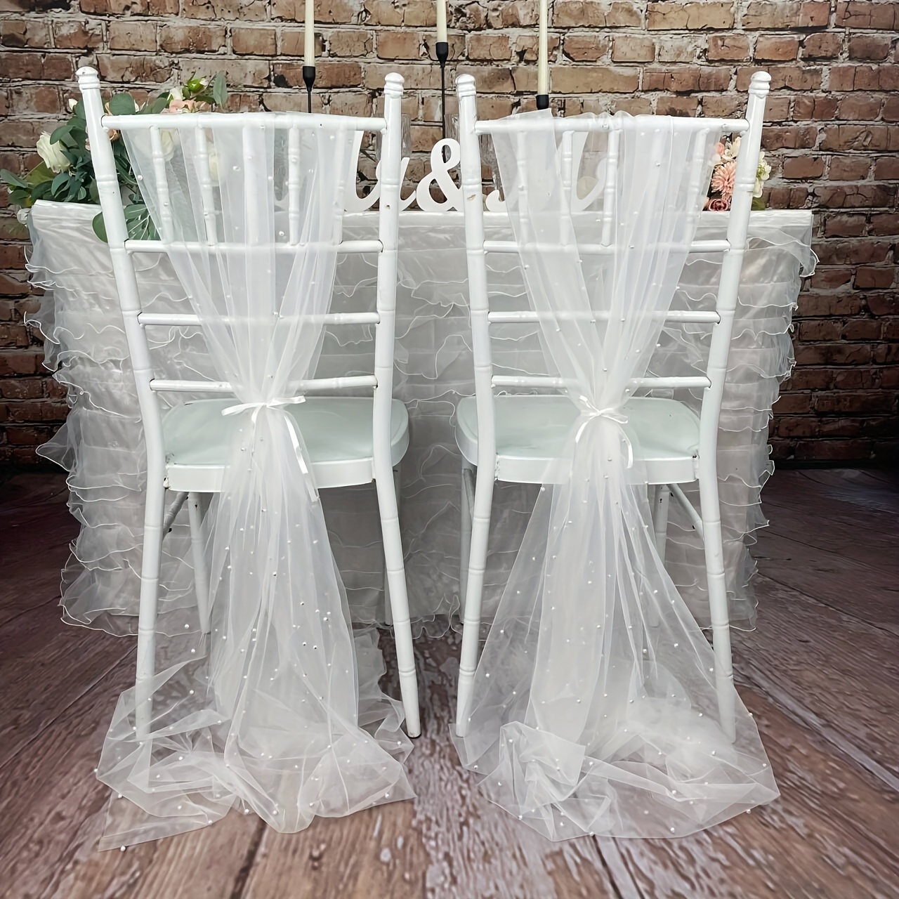 1pc, Pearl Chiffon Chair Streamer, Suitable For Wedding Chair Decoration,  Outdoor Party, Holiday Event Decoration, Wedding Decor, Wedding Supplies