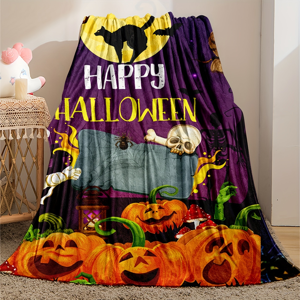 1 pièce Halloween Imprimé Citrouille Couverture En Flanelle , Doux Cosy  Couverture Sieste Couverture Pour Voyager Canapé Lit Bureau Domicile Décor  , Halloween Cadeau De Vacances Couverture Pour Garçon Fille Adultes 