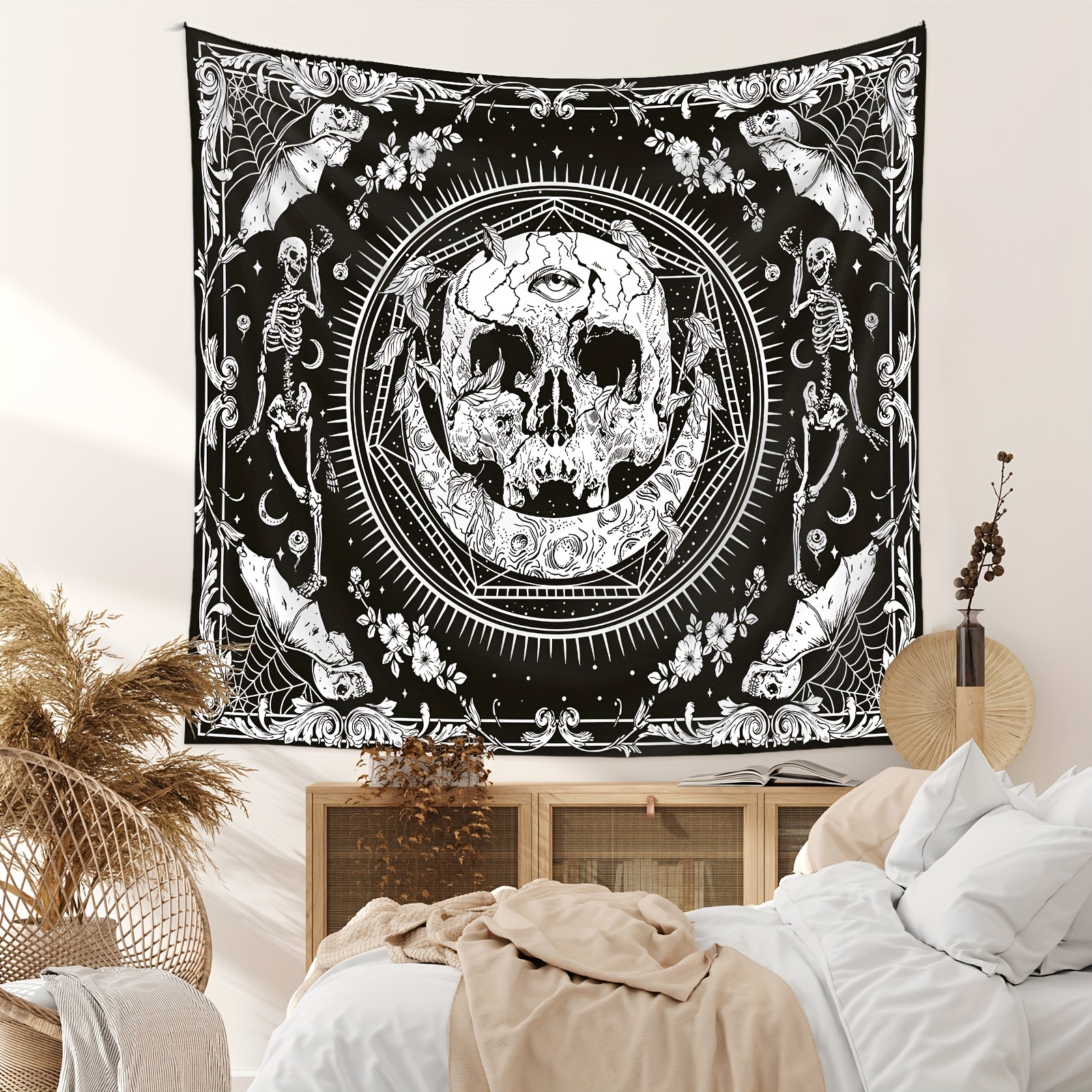 Mushroom Skull Gothic Tapestry Skeleton Floral Plant Flower