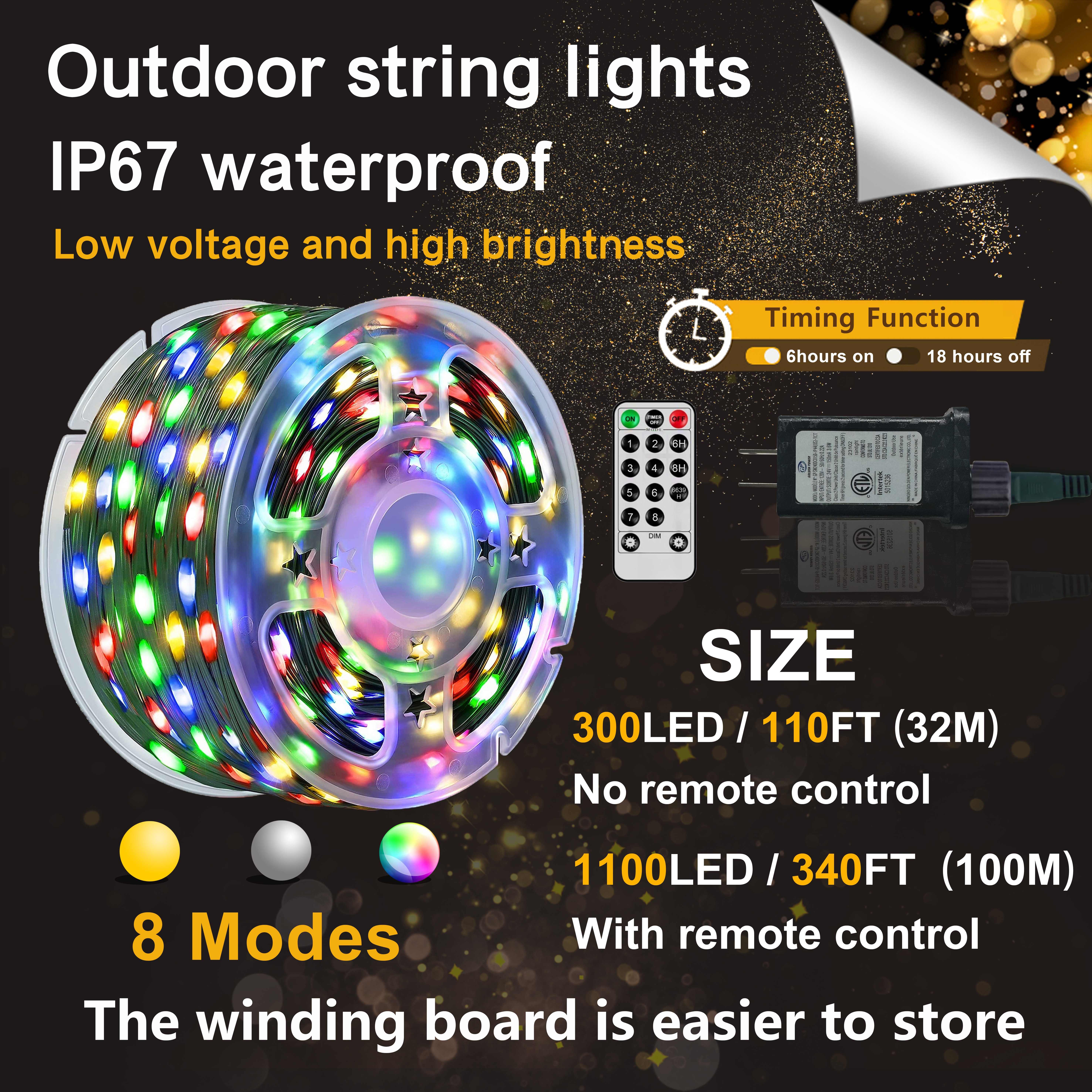 340 Feet 1000 LED Garden String Lights, Outdoor Waterproof Christmas Tree Lights, With 8 Modes Remote Timer, For Outdoor Indoor Christmas Decoration, Outdoor Multi-colored White Warm With Cable Tray, 7X12 Pure Copper Wire Color Box Packaging details 2