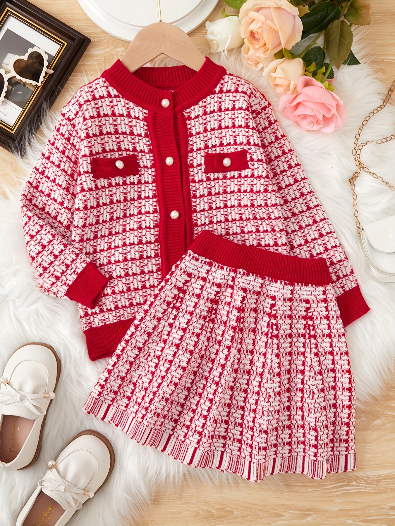 2pcs Girl's Elegant Sweater Outfit, Cable Knit Cardigan & Skirt Set, Kid's  Clothes For Spring Autumn Christmas