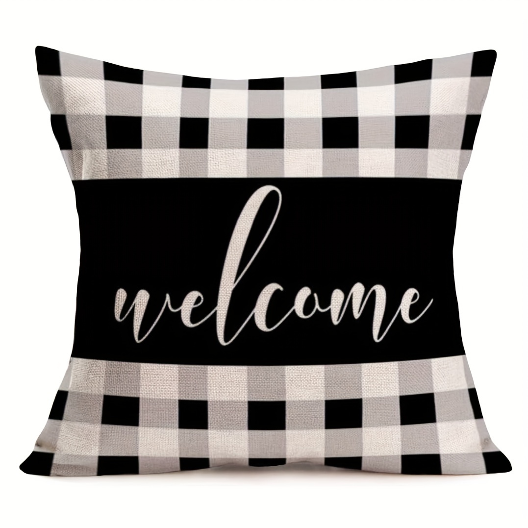 

1pc Buffalo Plaid Welcome Pillow Covers Quote Pillow Case Black And White Grid Square Farmhouse Cushion Cover For Sofa Couch Bedroom (welcome) Short plush decor 18x18 inch