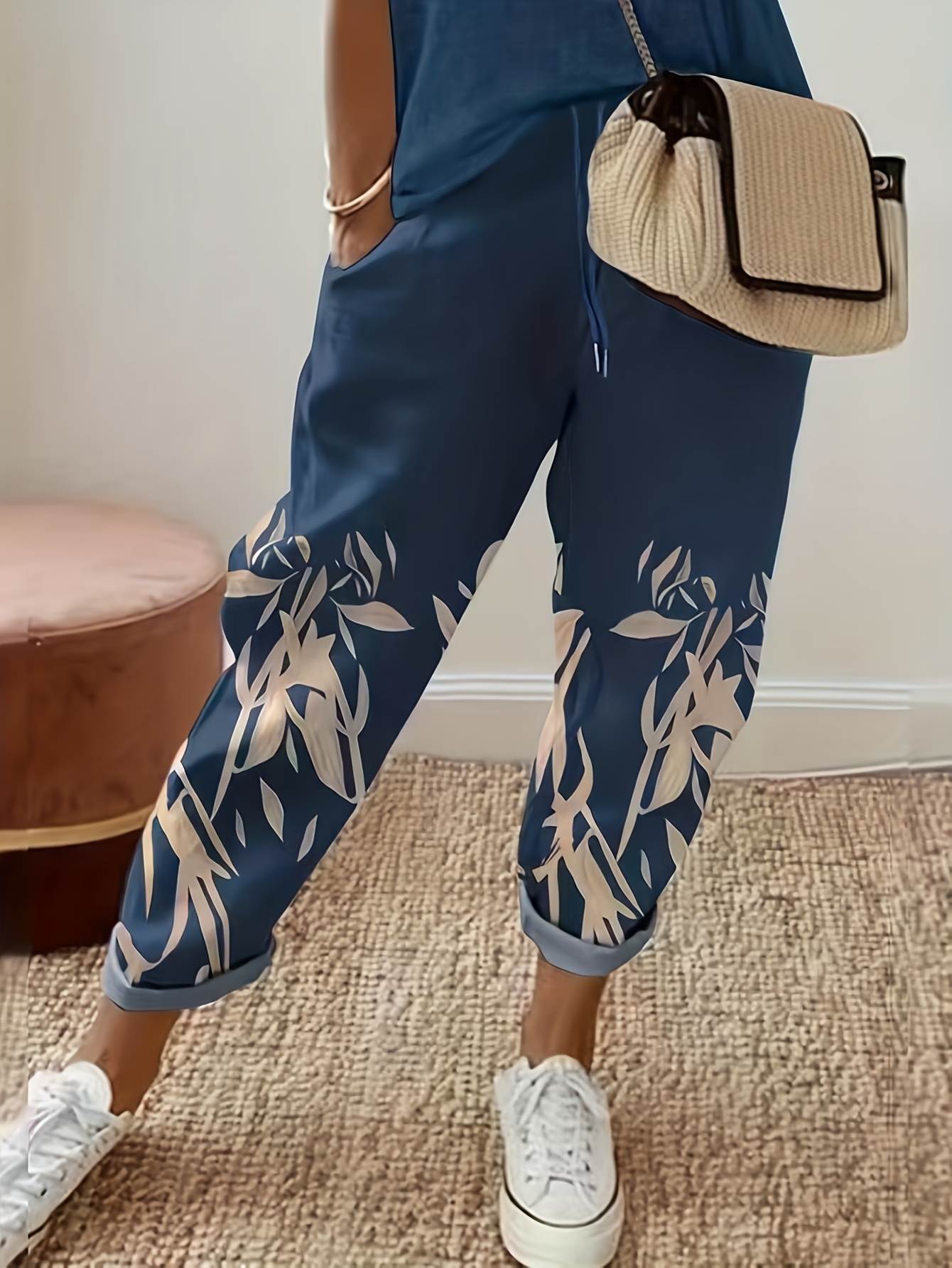 Leaf Print Wide Leg Pants Casual High Waist Pants Spring - Temu