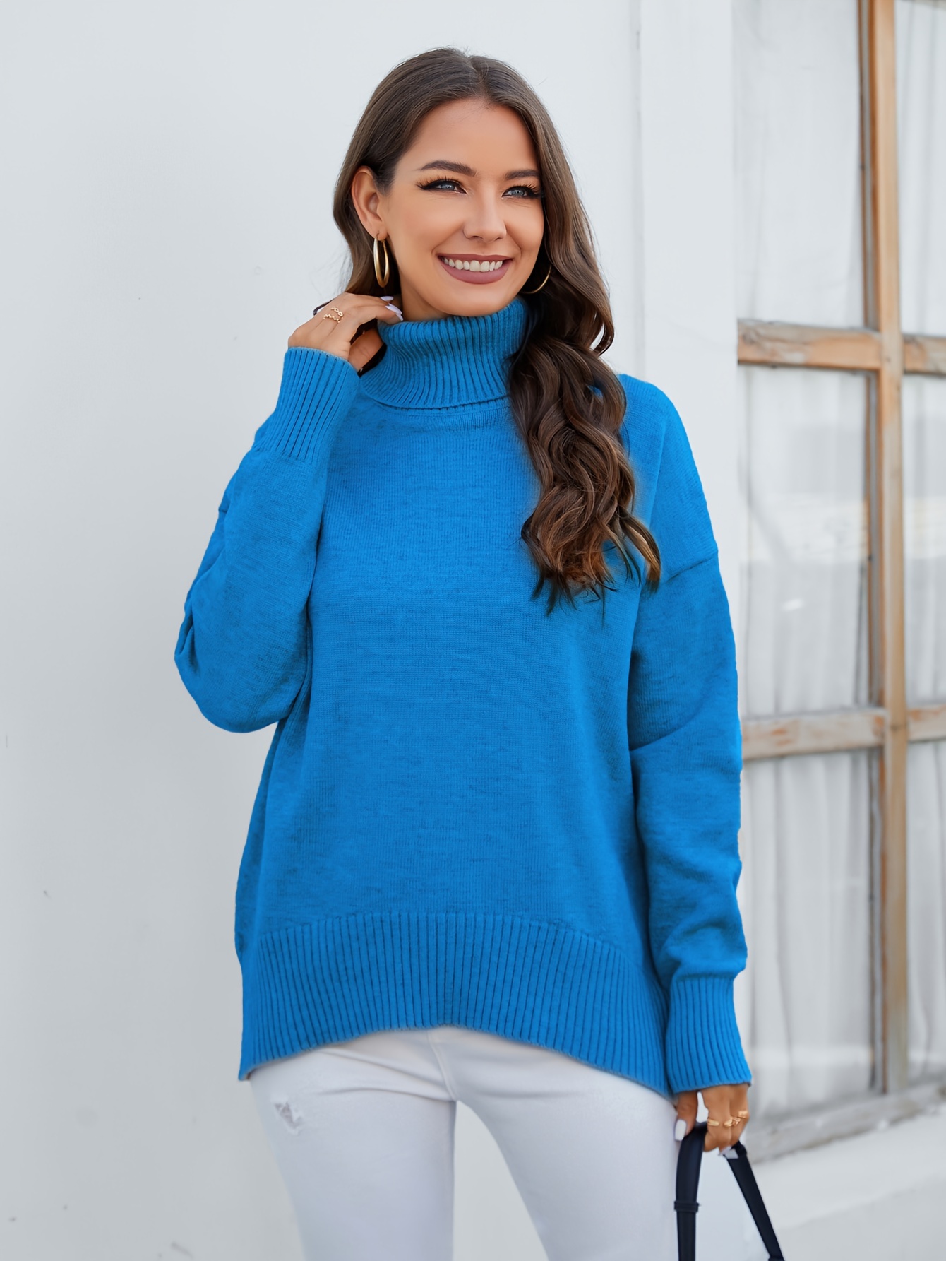 Solid Turtle Neck Pullover Sweater, Casual Long Sleeve Drop Shoulder  Sweater, Women's Clothing