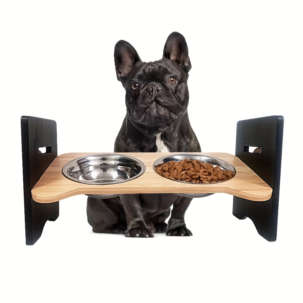 Elevated Dog Bowls, Adjustable Raised Tilted French Bulldog Food Water  Bowl, Slanted Bamboo Pet Feeding Station with Stainless Steel Bowl for  Small 