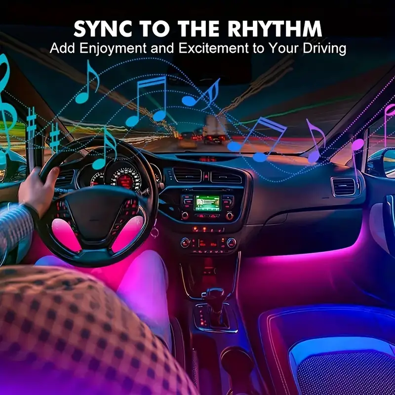 Smart App Control 4Pcs RGB Musik Synchronisation Auto Innenbeleuchtung-  48LED Multicolor Musik Auto Streifenlicht Unter Dash Beleuchtung