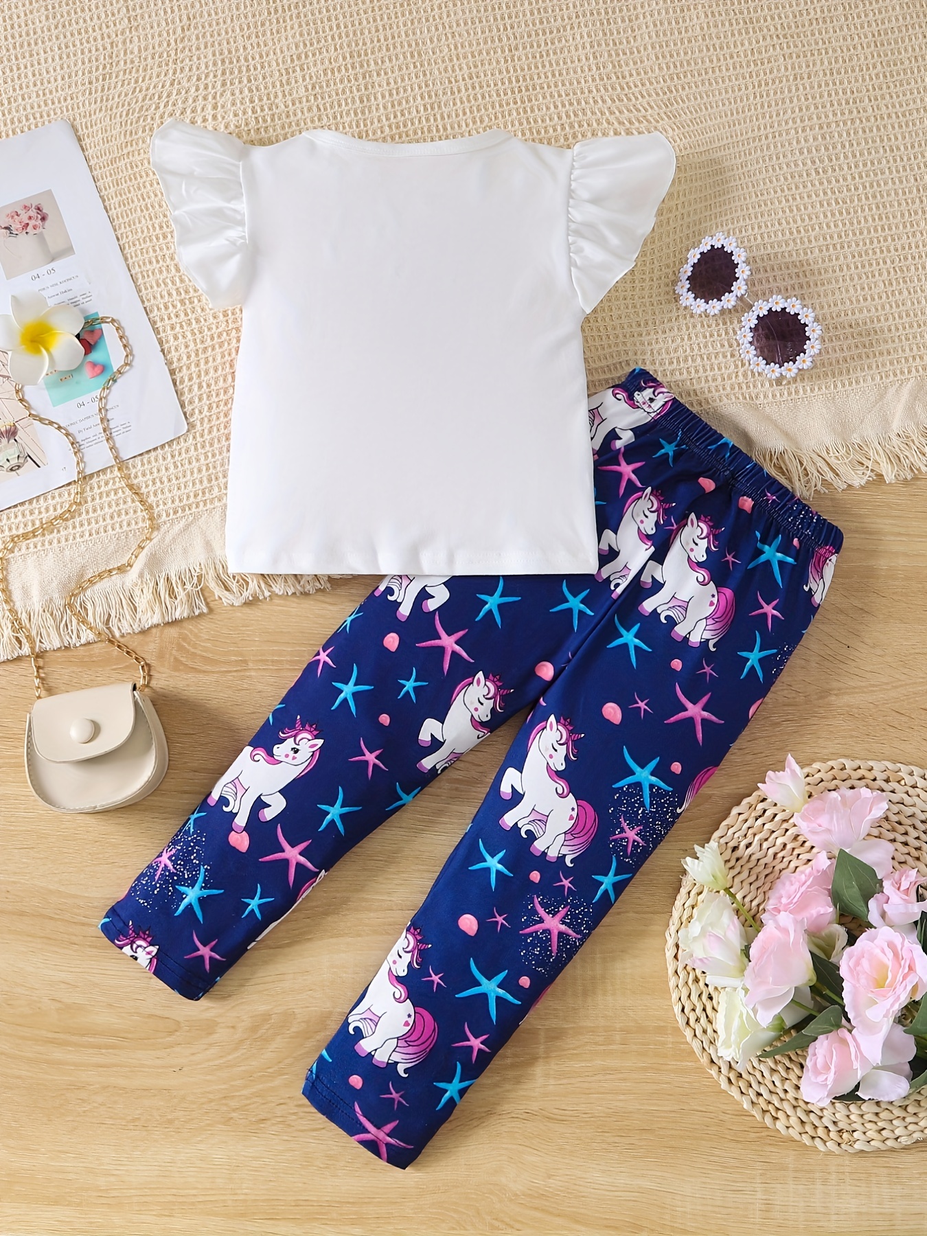 2pcs Girls Ruffle Trim Cute Cartoon Unicorn Graphic T-shirt Top & * Hem  Elastic Waist Shorts Set Kids Summer Clothes