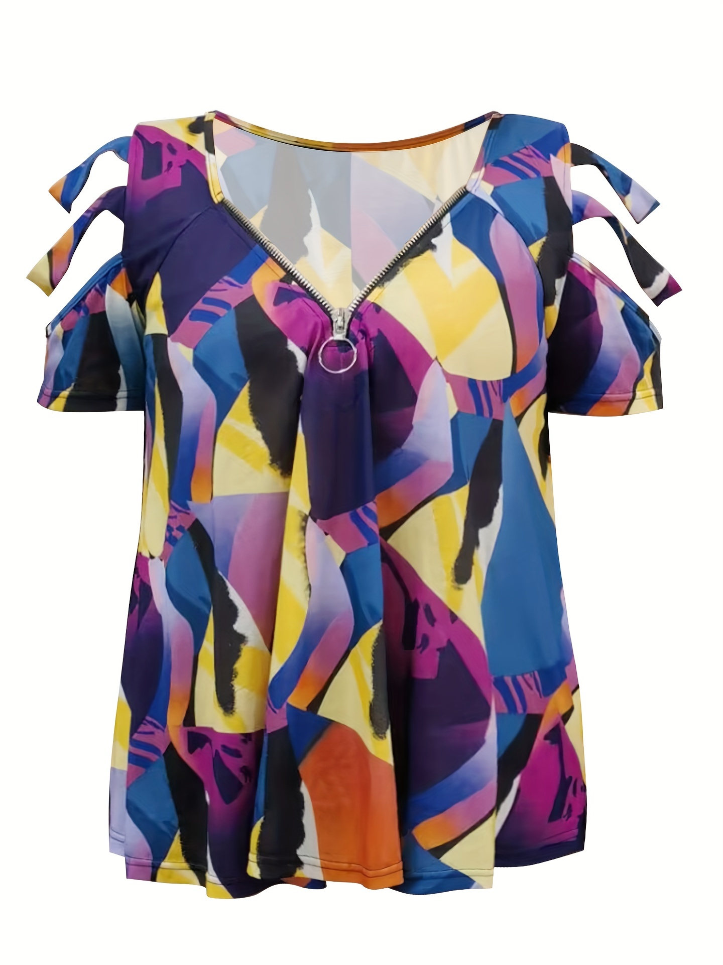 Plus Size Casual T-shirt, Women's Plus Geometric Print Cut Out Sleeve  Zipper T-shirt