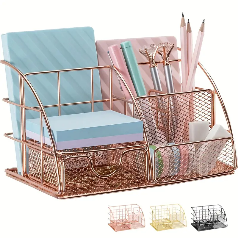 Elegante organizador de escritorio en oro rosa - 5 compartimentos + 1 mini  cajón - ¡Perfecto para suministros de oficina de mujeres!