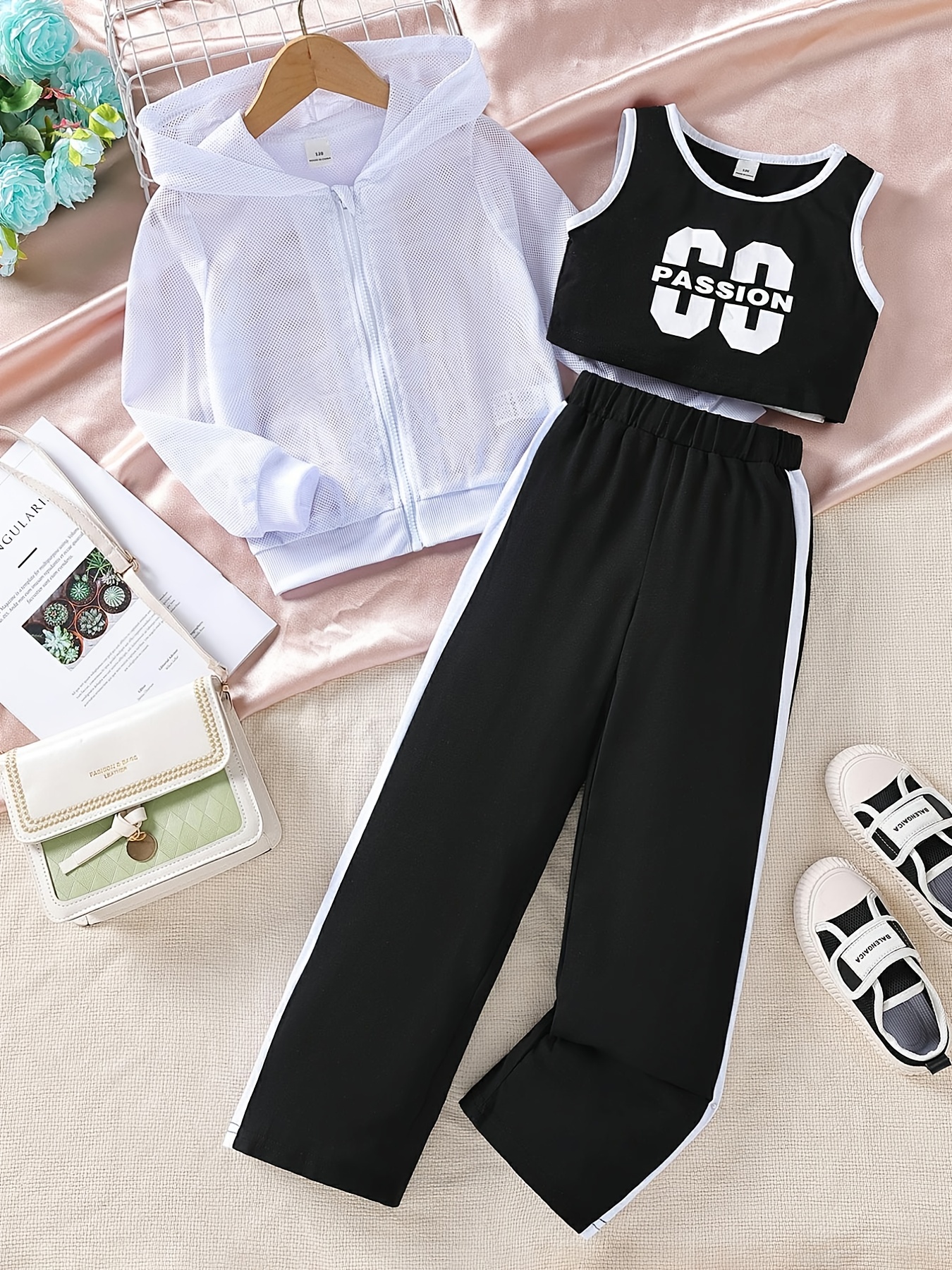 Girl's Trendy Outfit Crop Hoodie Cami Top Sweatpants Set New - Temu