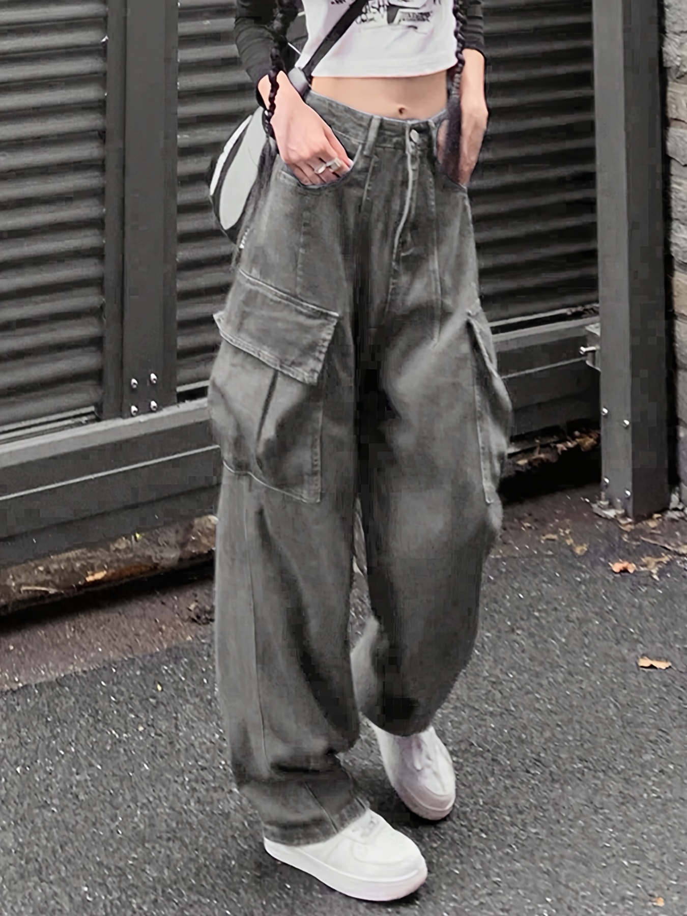 *-* Dark Gray Cargo Pants, Relaxed Fit Loose Straight Leg Cargo Style Jeans  With Pockets, Y2K Kpop Vintage Style, Women's Clothing & Denim