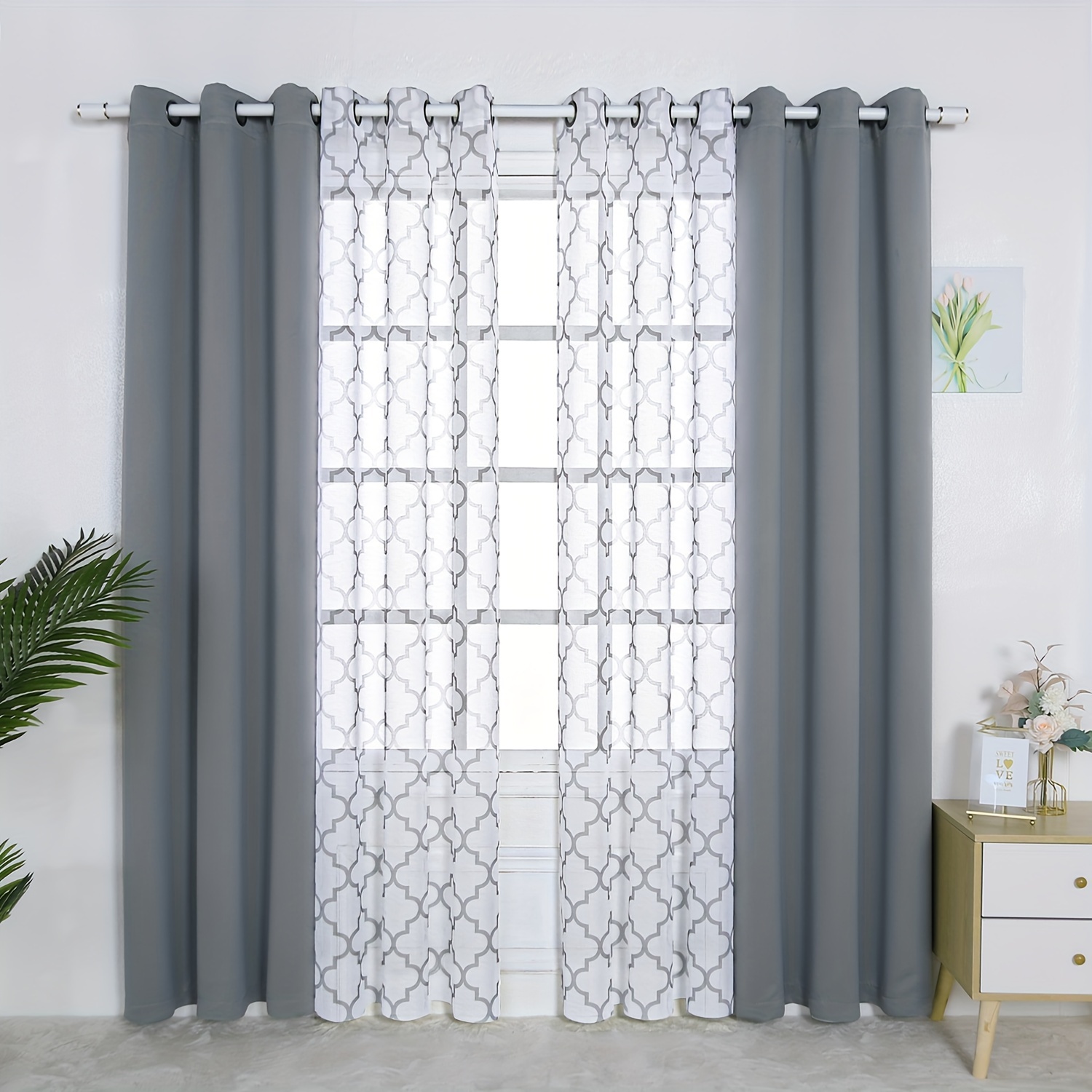 set of blackout curtains and snowflake patterned sheers with rods for indoor use 4 pieces set 200 grams details 8