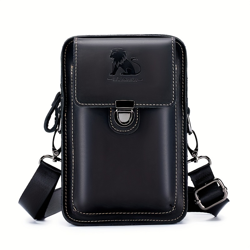メンズレザーカジュアル携帯電話ウエストバッグ、牛革の第一層多機能ショルダークロスボディ携帯電話バッグ