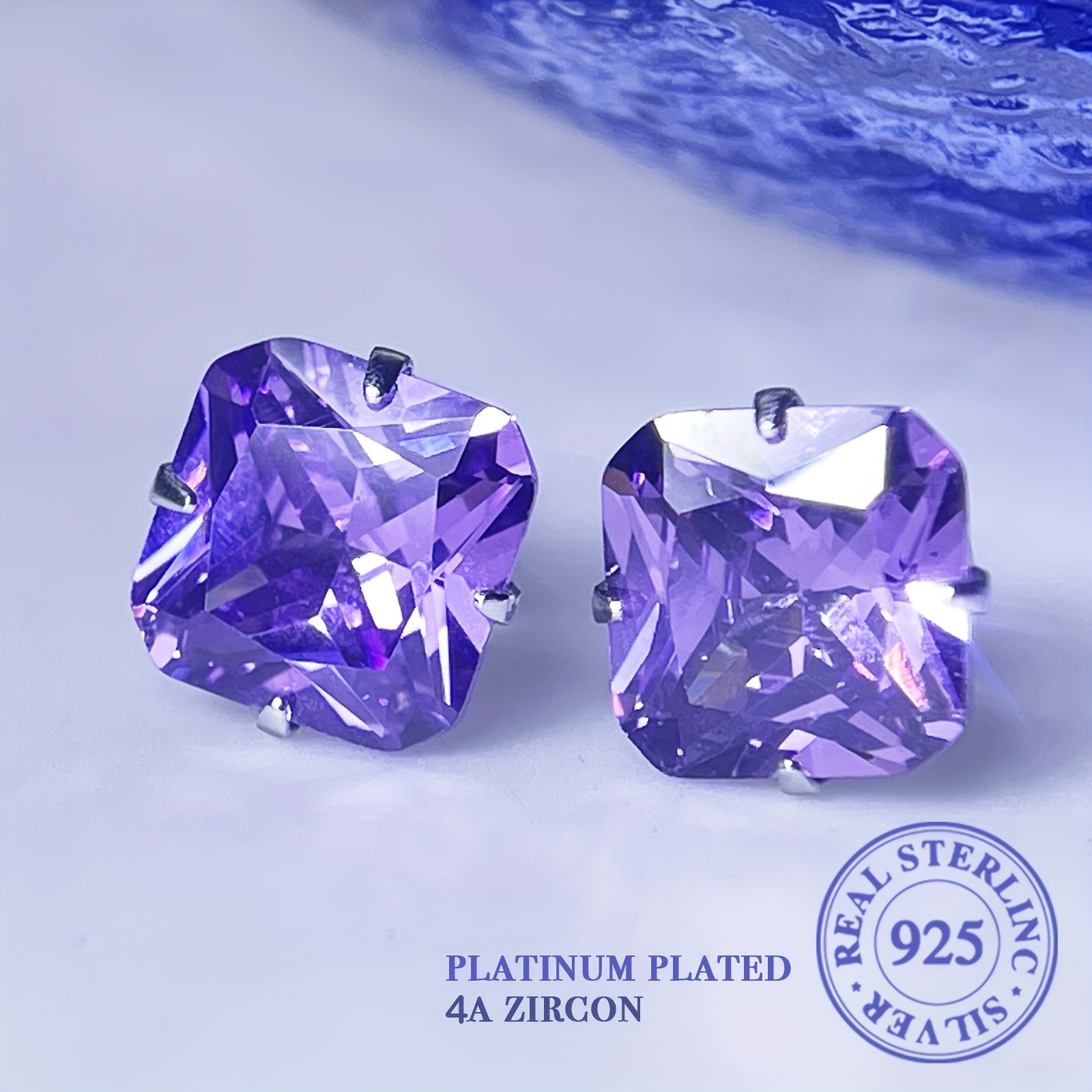 

Sparkling Square Shaped Stud Earrings 925 Sterling Silver Hypoallergenic Jewelry Purple Zirconia Inlaid Elegant Wedding Ear Decor