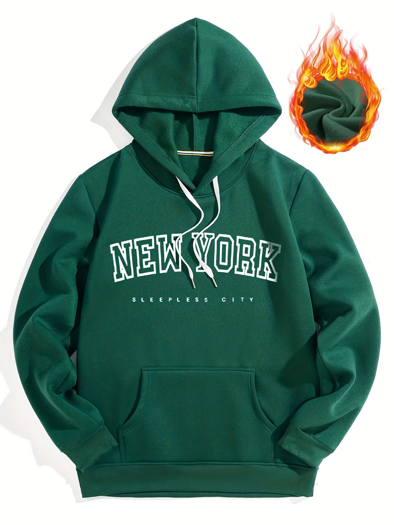 New York Print Mens Fleece Casual Graphic Drawstring Hoodie