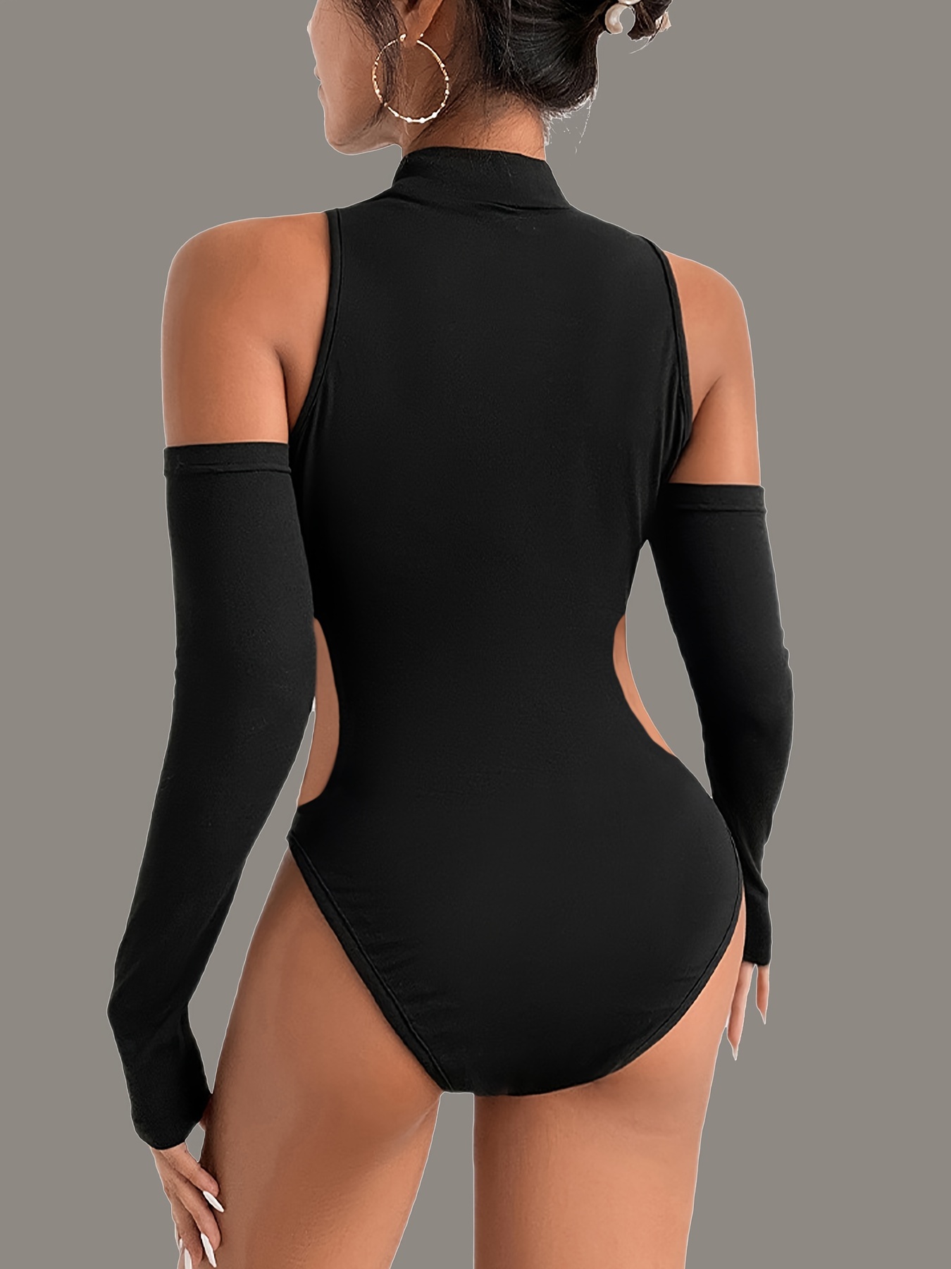 Solid Cut Out Bodysuit, Casual Long Sleeve Mock Neck * Bodysuit, Women's  Clothing