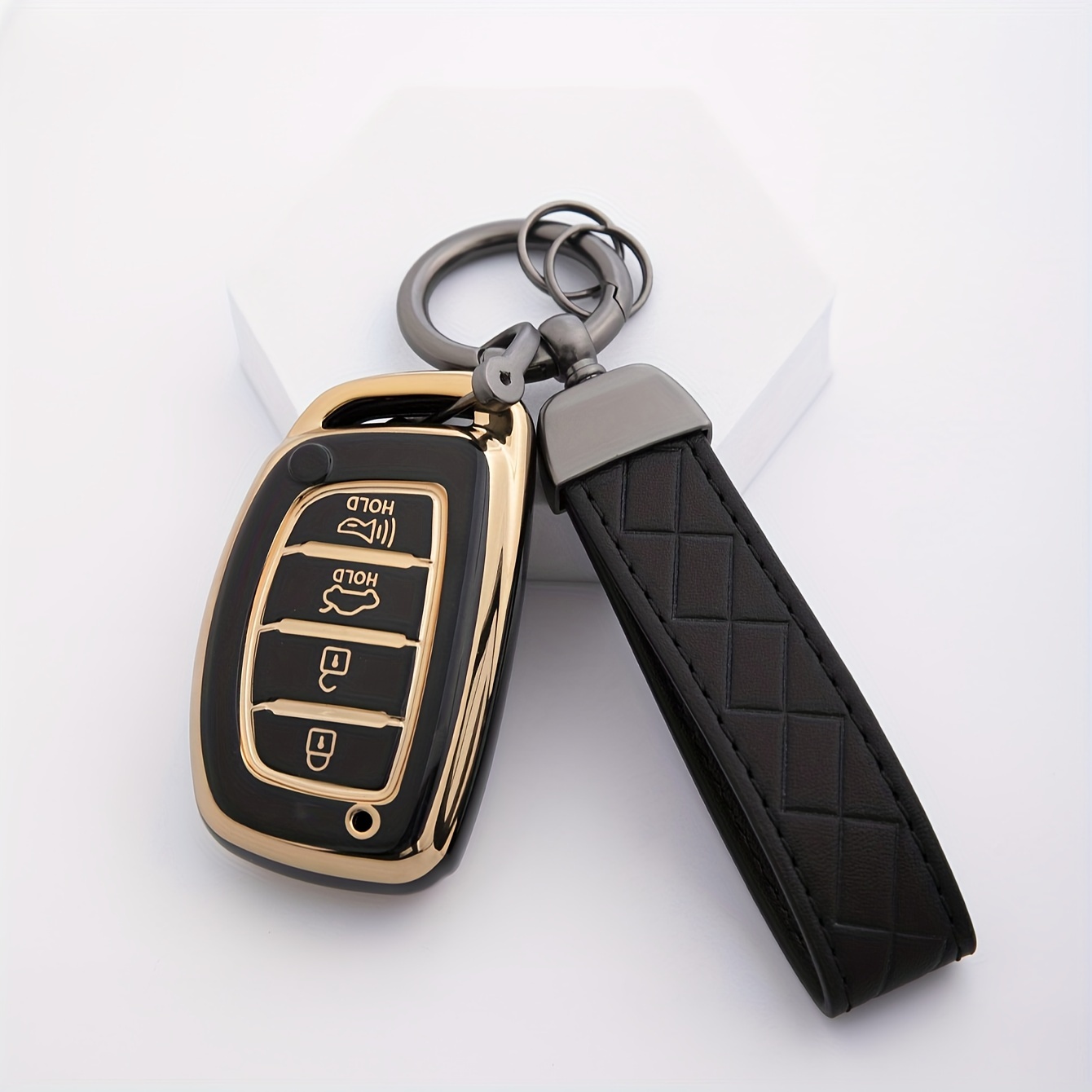 Tpu Material Car Key Case + Embossed Faux Leather Rope - Temu