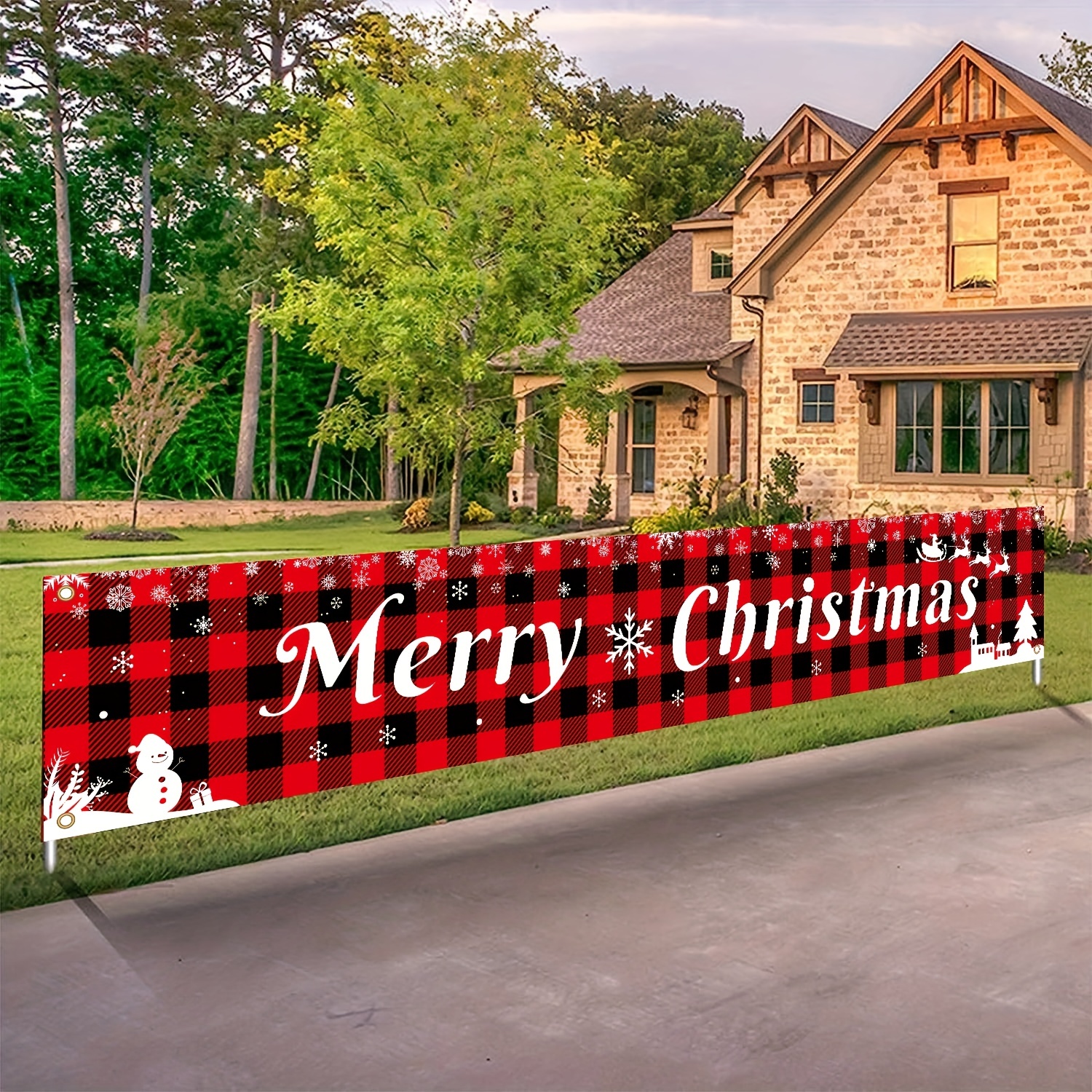 

1pc, Large Merry Christmas Decoration Banner Xmas Red Buffalo Plaid Hanging Huge Sign Holiday Party Supplies Home Decor For Outdoor, Indoor, Yard, Garden, Porch, Lawn, Christmas Party Decor Supplies