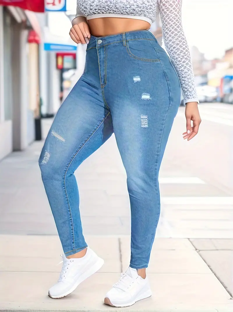 Plus Size Casual Jeans, Women's Plus Solid Ripped Button Fly High * Medium  Stretch Skinny Jeans