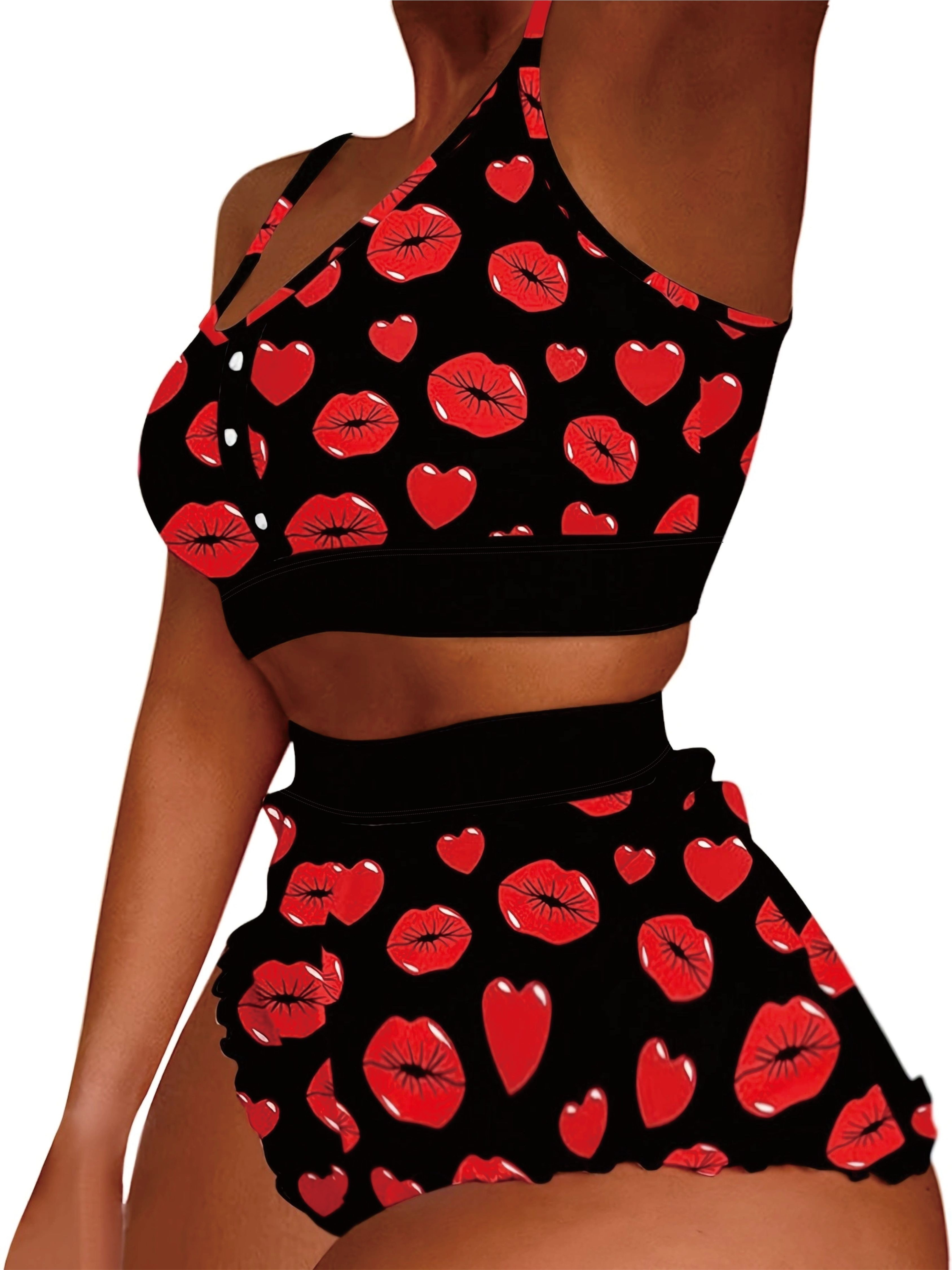 Plus Size Cute Pajamas Set, Women's Plus Kiss & Lips Print Short Sleeve Tee  & Shorts Comfort Loungewear 2pcs Set, Women Plus Size Two Piece Set