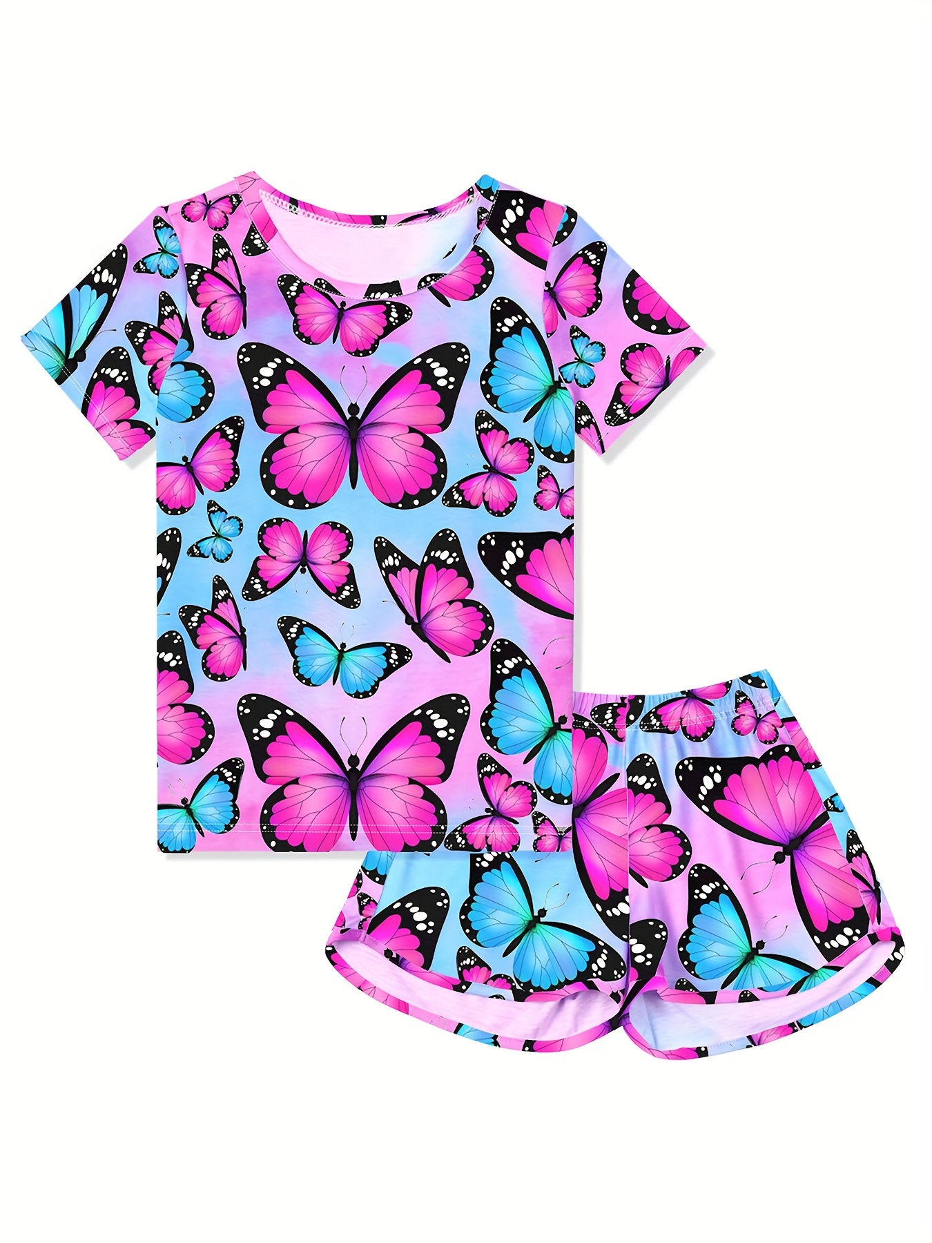 2pcs Little Girl Butterfly Dresses Outfit Floral Tank Dress And Graphic  Cardigan Top Set, For Cute And Casual Look, Kids Clothing Gift