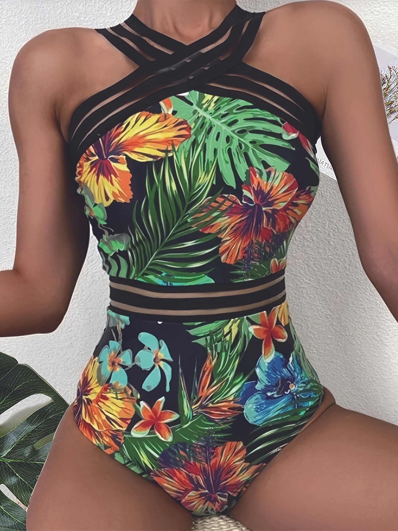 Tropical Print Bathing Suit Contrast Mesh Criss Cross V Neck - Temu