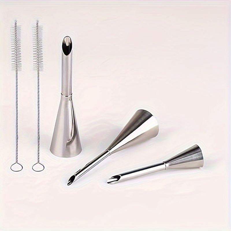 TEMU 3pcs Cream Sugar Pipe Nozzles, With 2 Brushes, 3 Sizes Stainless Steel Sugar Pipe Puff Nozzles, Baking Sugar Decoration Tools