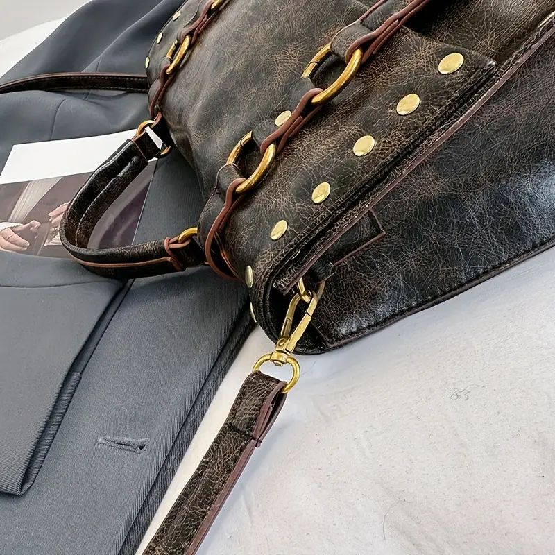 retro rivet decor handbag literary pu leather crossbody bag simple large capacity briefcase bag details 0