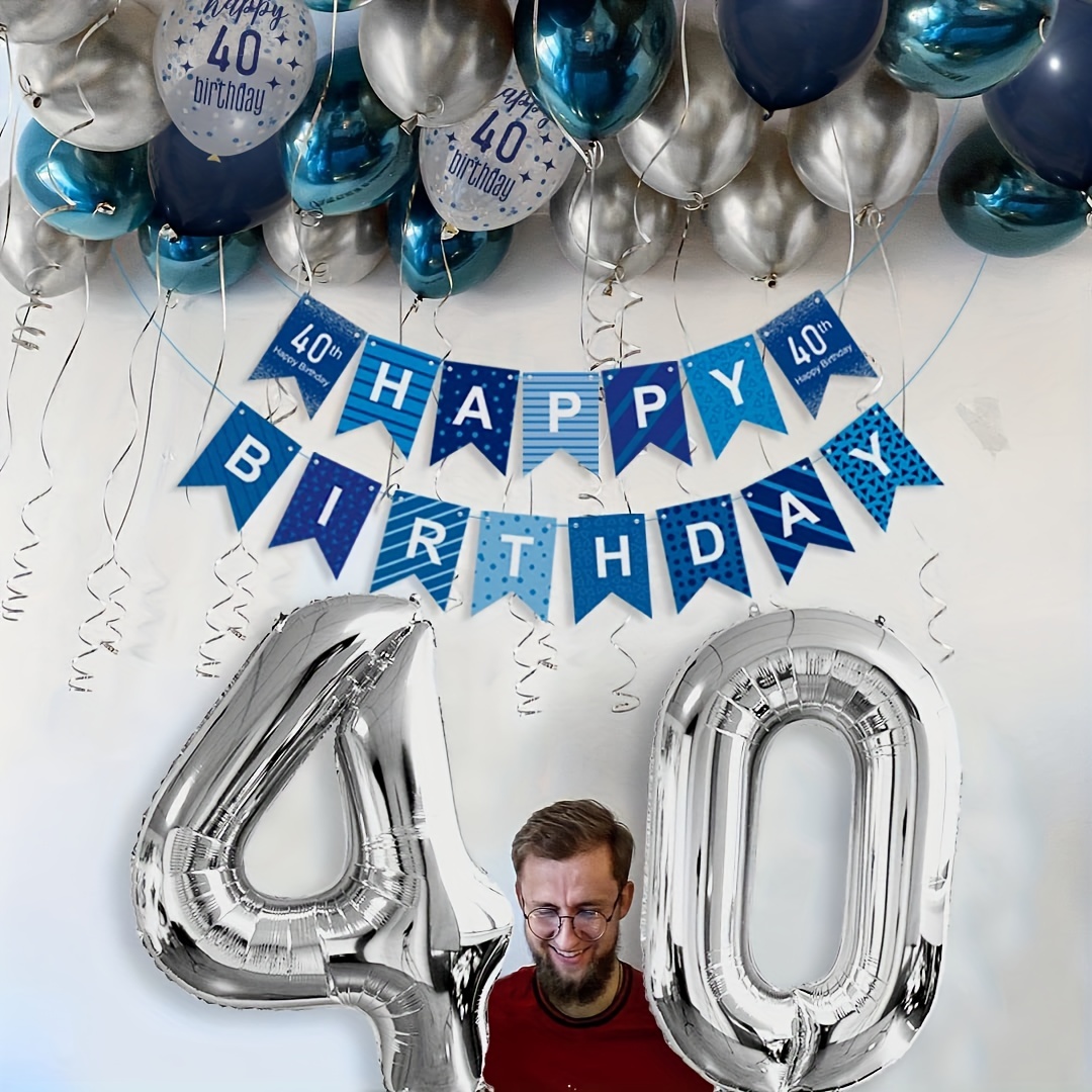 Decoraciones azules de 40 cumpleaños para hombres y mujeres, pancarta de  feliz cumpleaños 40 color azul marino y plateado, globos azules de 40