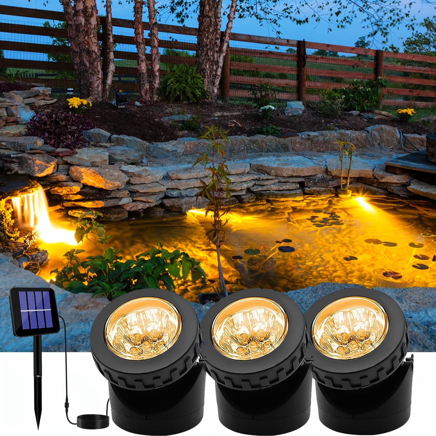 Focos solares LED sumergibles para estanques. Luces 3 en 1 de 18 LEDs. Modo  permanente o parpadeo
