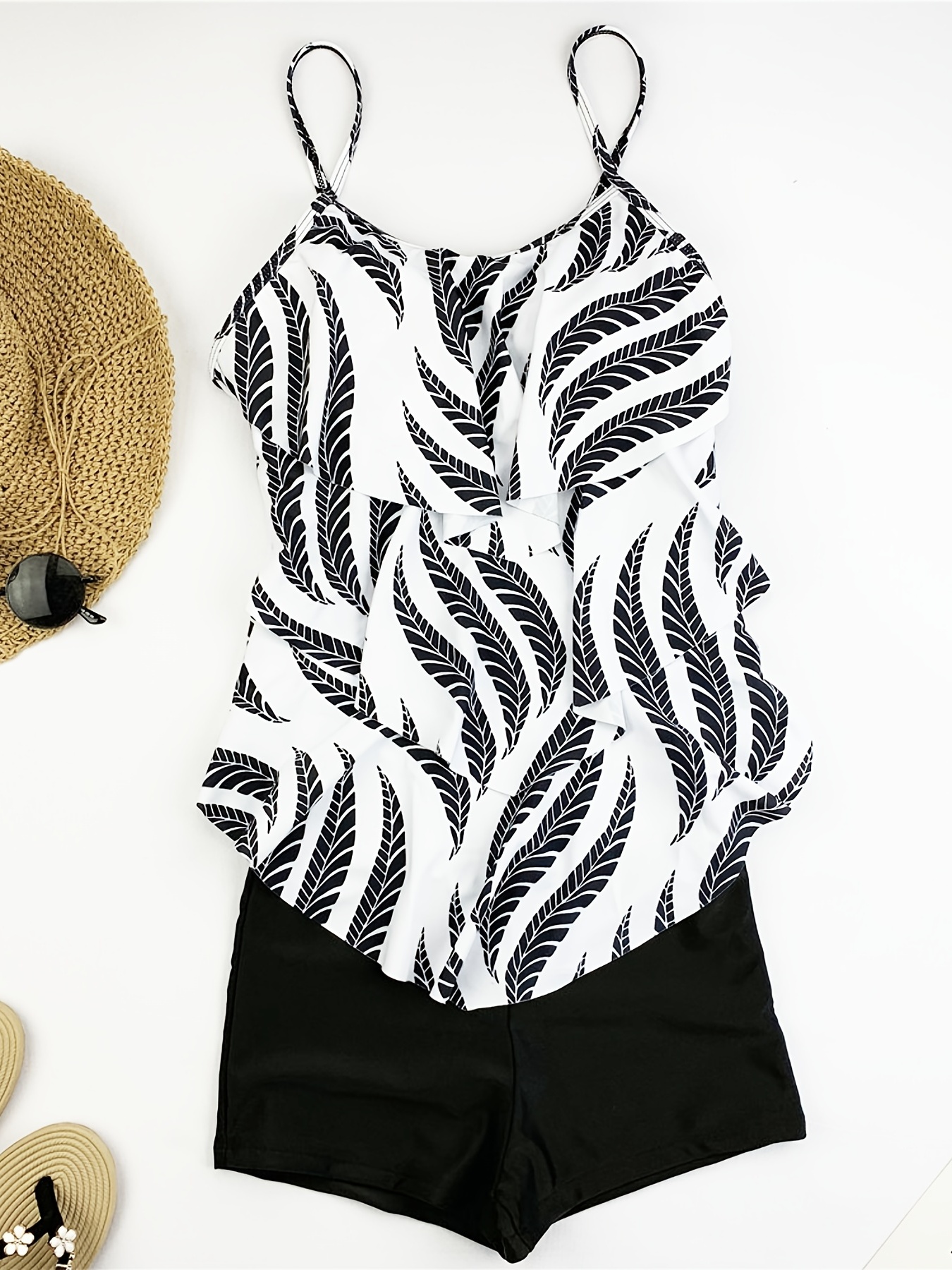 leaf print ruffle hem tankini